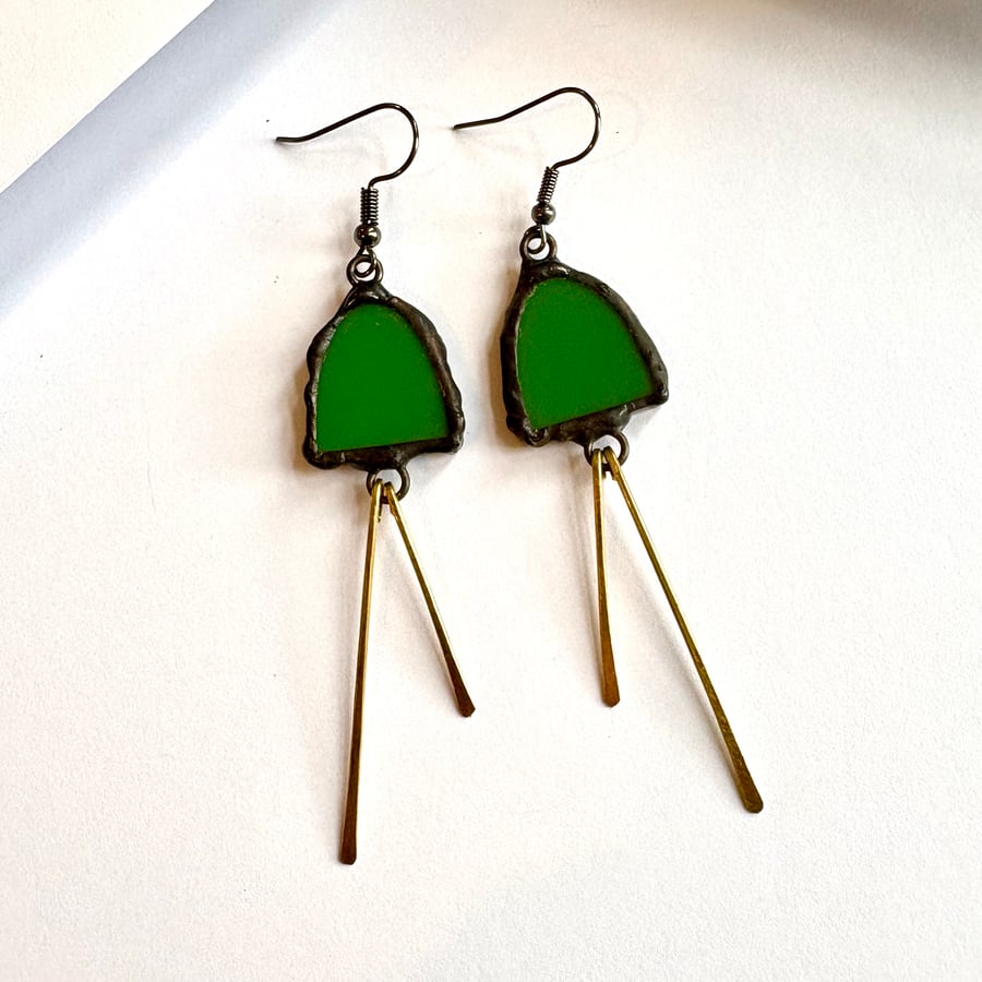Statement Jewelley -  opaque green stained glass earrings with hammered brass