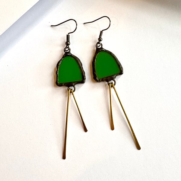 Statement Jewelley -  opaque green stained glass earrings with hammered brass