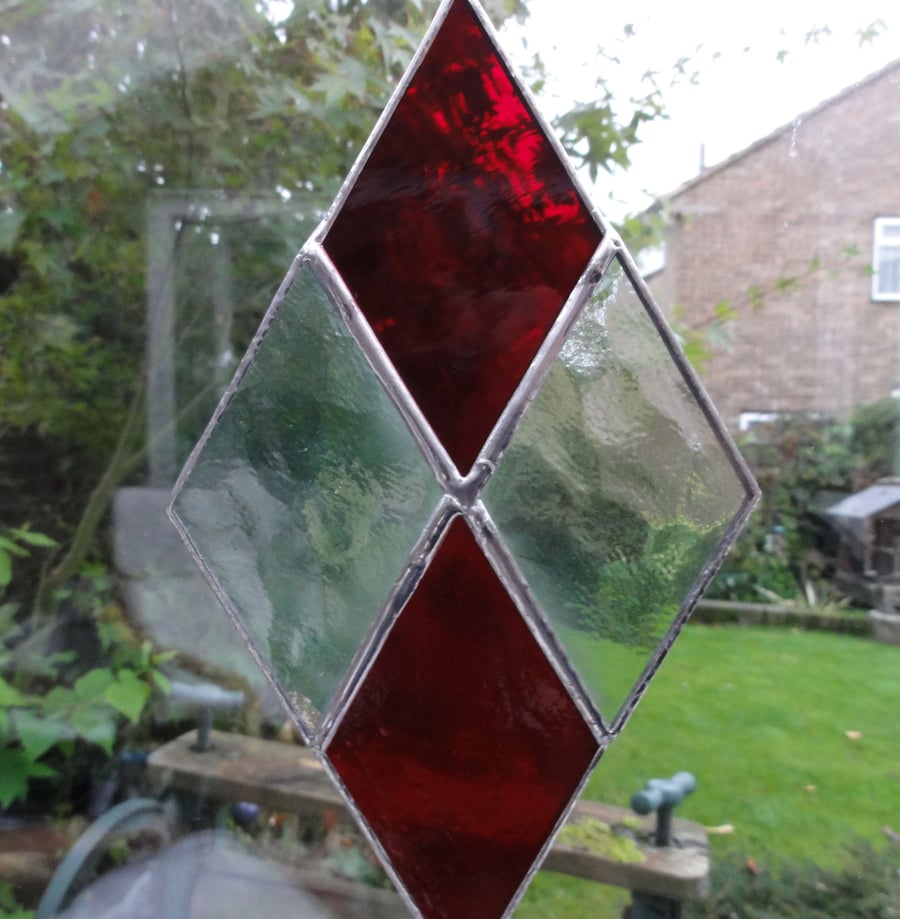 Diamond Stained Glass Suncatcher - Red and Clear - SALE