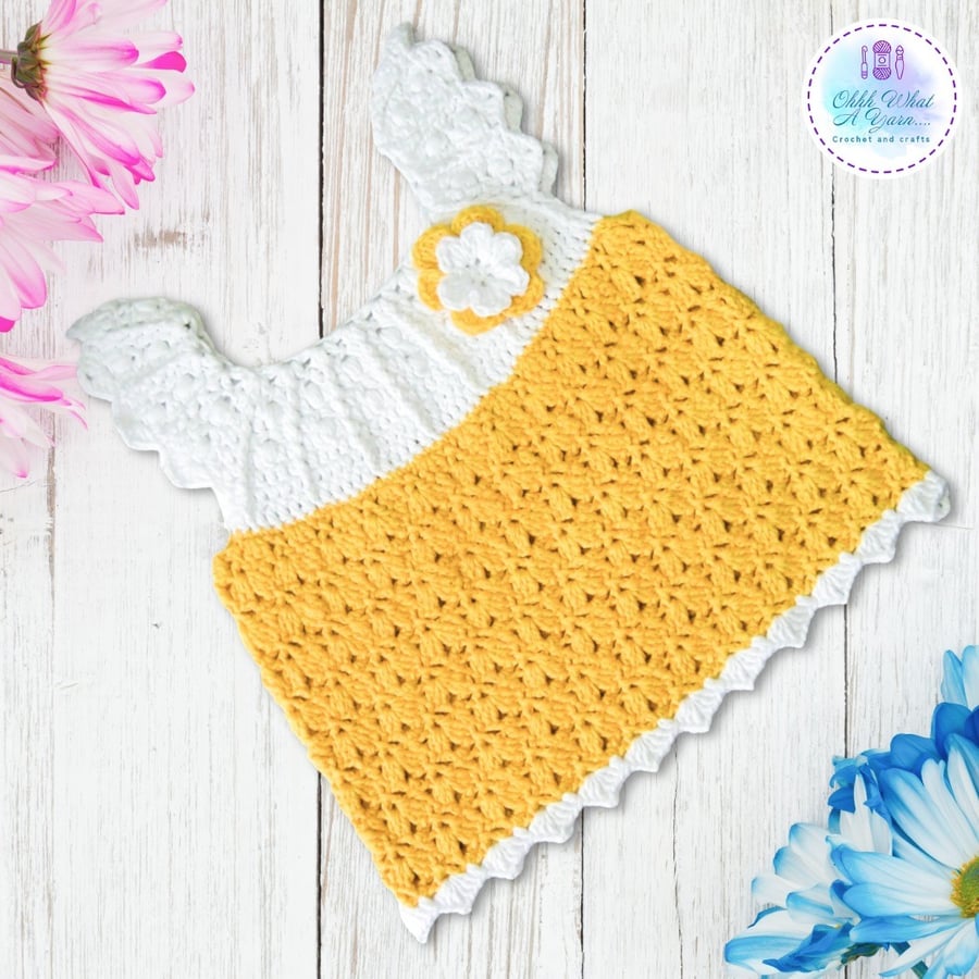 Yellow and white crochet baby dress. Crochet dress. Baby sun dress. 0-3 months