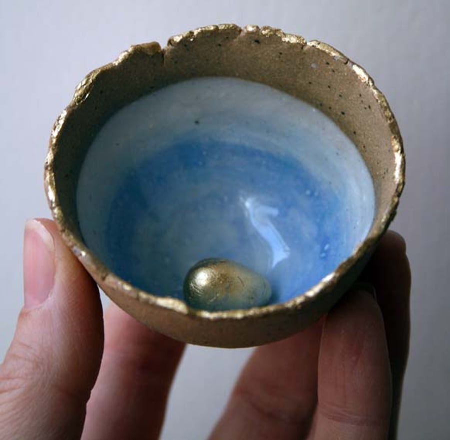 Tiny golden egg bowl-handmade ceramic bowl-magpie nest bowl