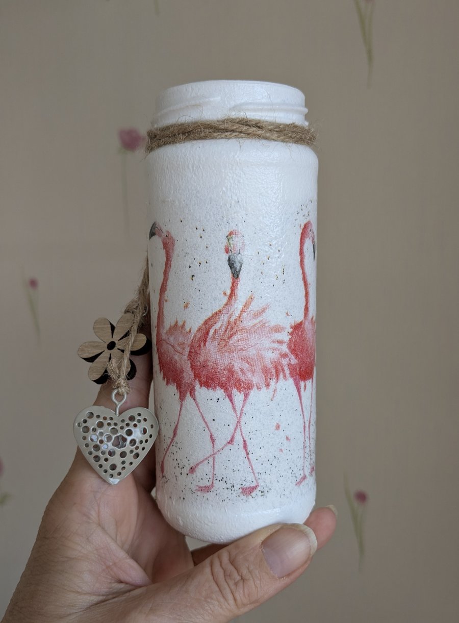 Flamingo decoupaged upcycled glass container or decoration