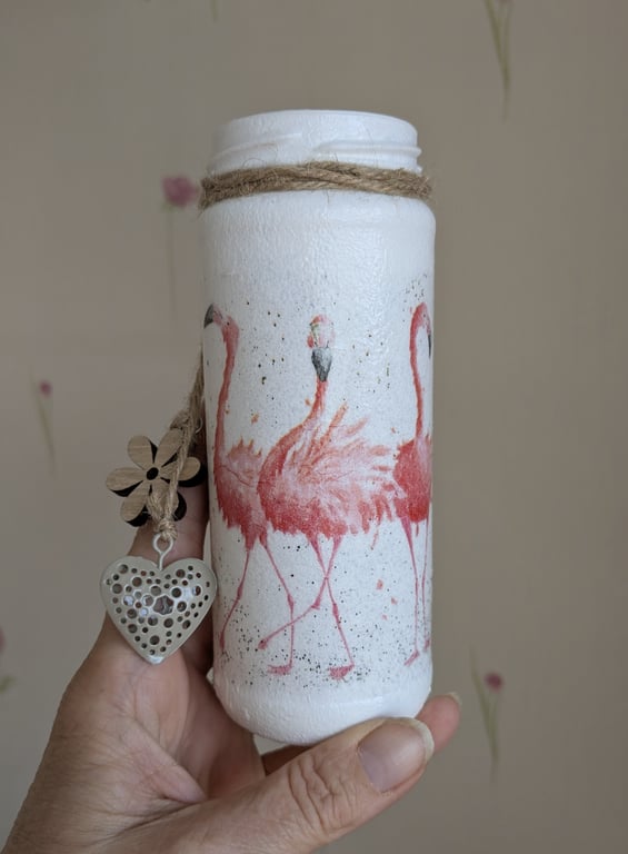Flamingo decoupaged upcycled glass container or decoration