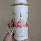 Flamingo decoupaged upcycled glass container or decoration