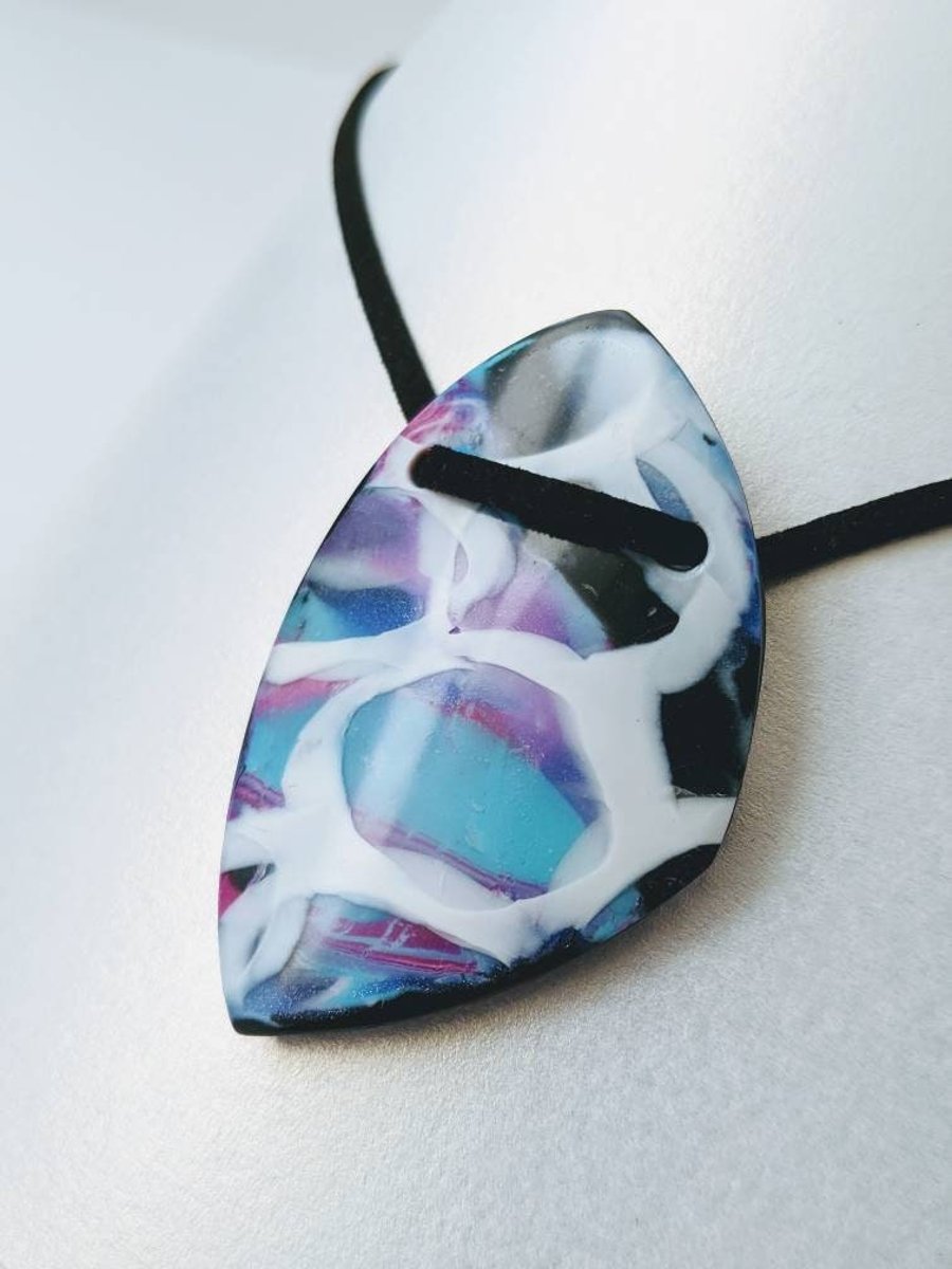 Unusual triangular necklace, Irregular oval pendant, Polymer Clay