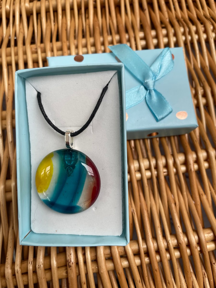 Fused glass pendant with silver plated bail and cord necklace includes gift box