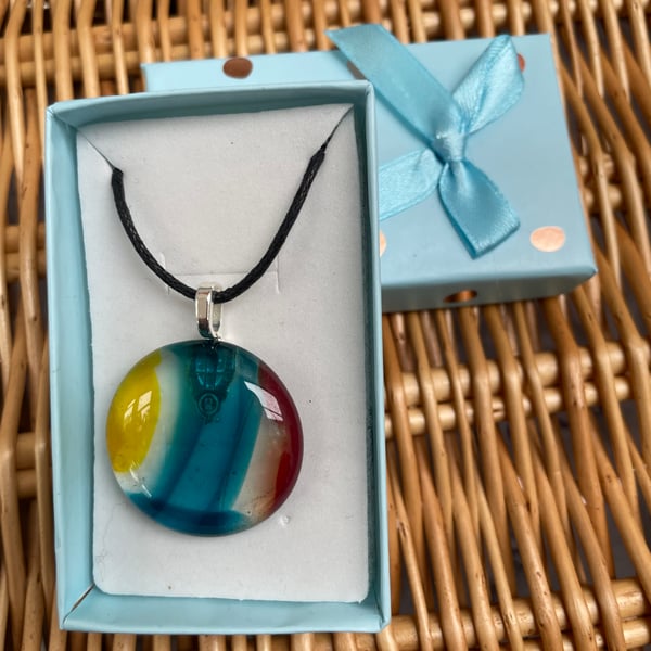 Fused glass pendant with silver plated bail and cord necklace includes gift box