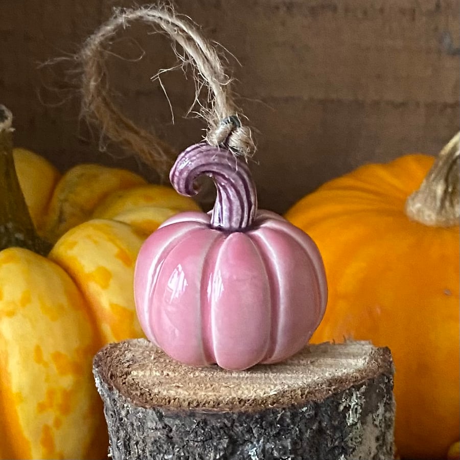 Tiny hanging ceramic pumpkin decoration pink