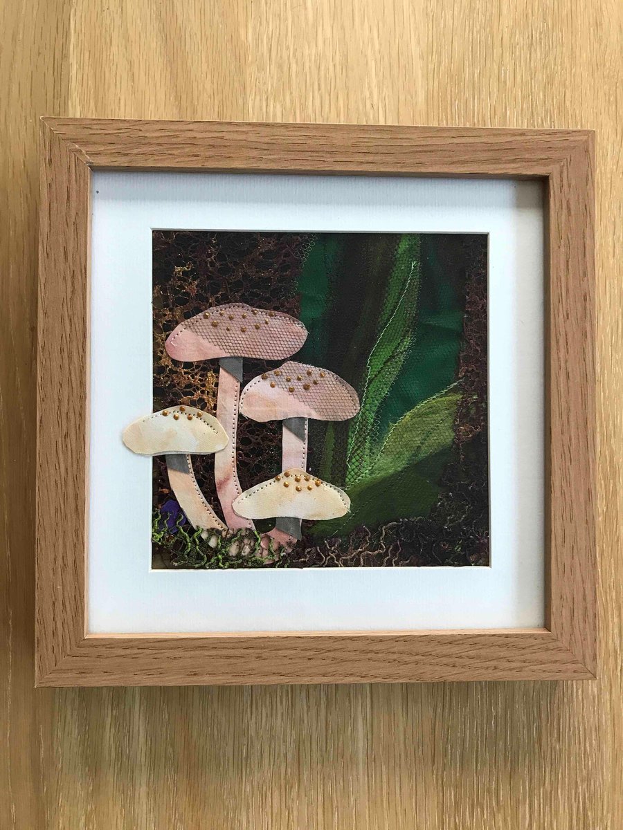 Toadstool-textile-picture-woodland-fabric art