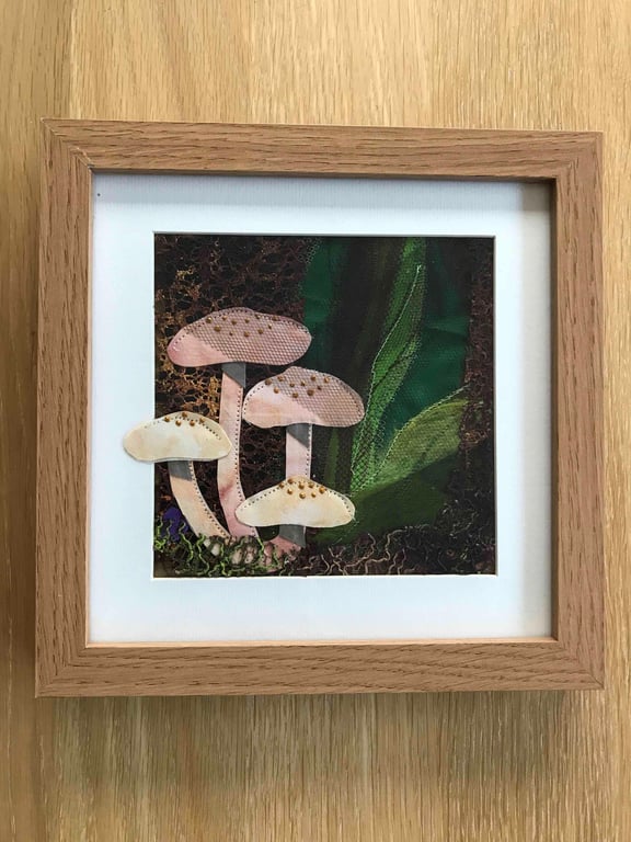 Toadstool-textile-picture-woodland-fabric art