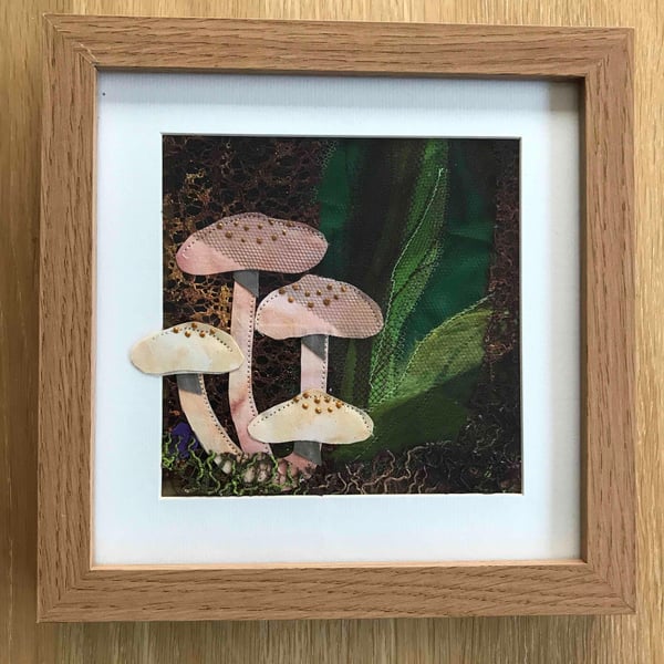 Toadstool-textile-picture-woodland-fabric art