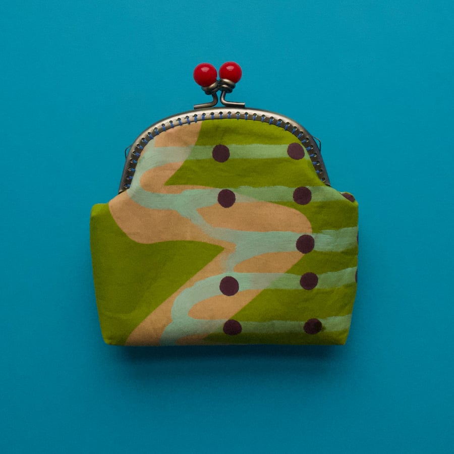 Hand painted fabric purse - green and peach