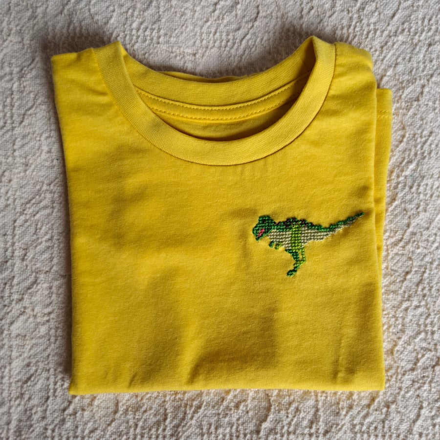Dinosaur T-shirt, T-rex, age 12-18 months, hand embroidered