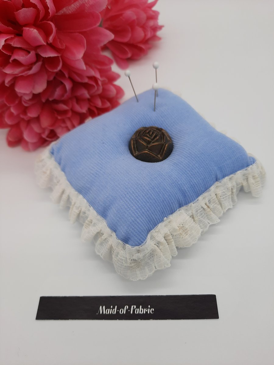 Pin cushion in blue with rose button. Free uk delivery. 