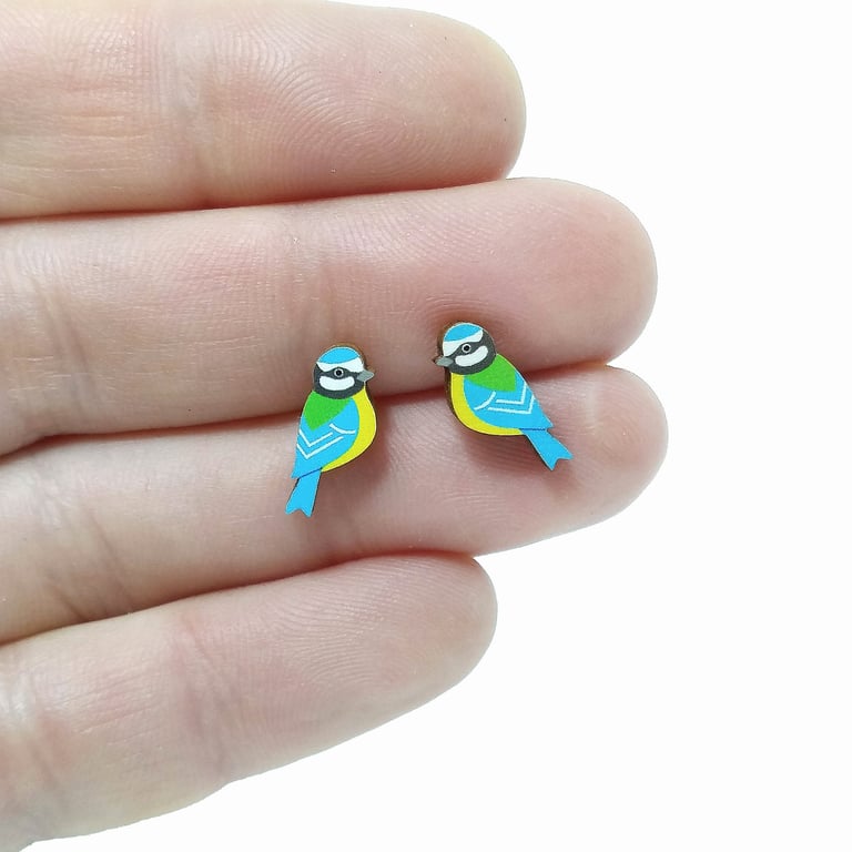 Blue Tit Earrings, Garden Bird Studs, Silver Plated or Sterling Silver Backs