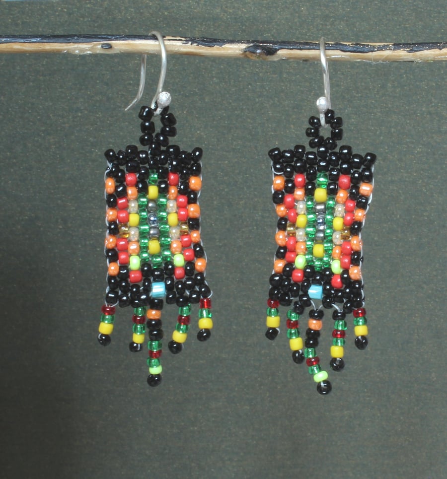 Dynamic Beadwork Earrings - Handmade Woven Drop Earrings - Rich Colours