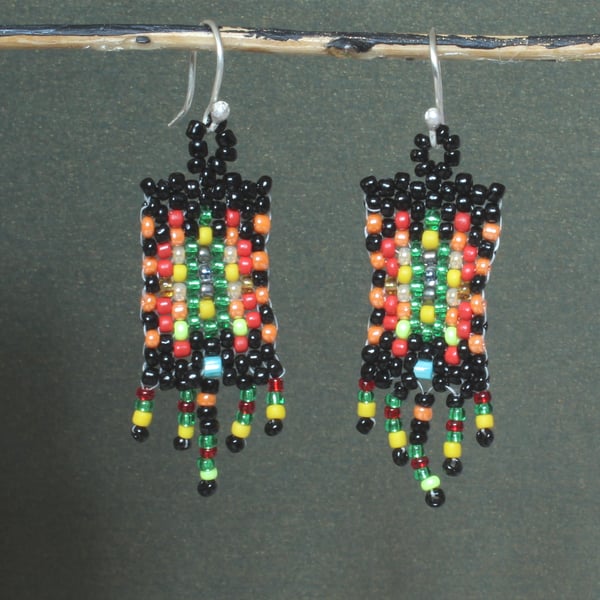 Dynamic Beadwork Earrings - Handmade Woven Drop Earrings - Rich Colours