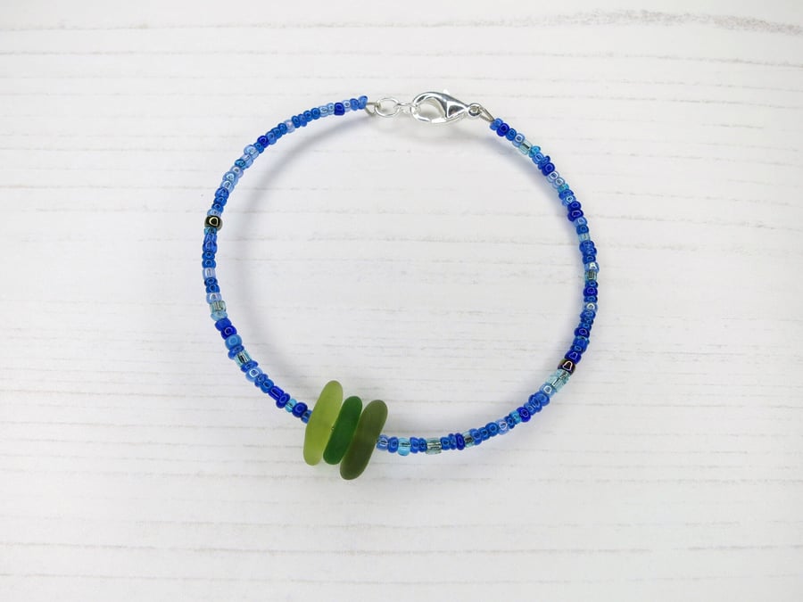 Cornish Sea Glass Bracelet with Blue Glass Seed Beads - Green Shades