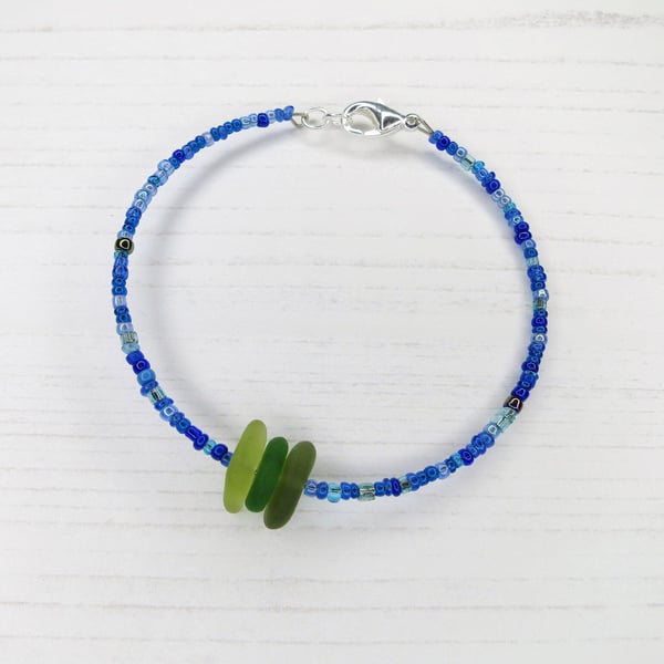 Cornish Sea Glass Bracelet with Blue Glass Seed Beads - Green Shades