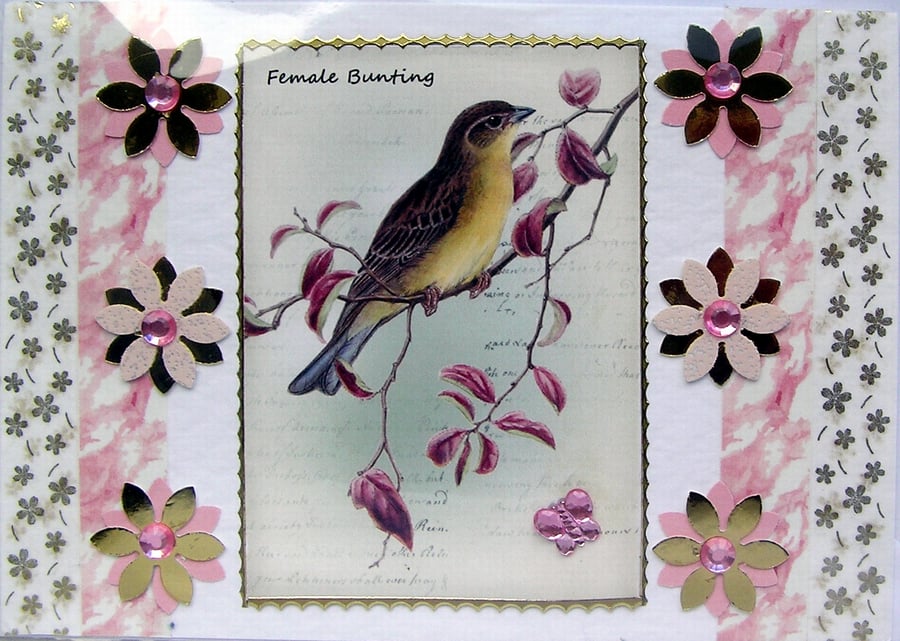 Bunting Garden Bird - Hand Crafted Decoupage Greeting Card - Blank - 2894