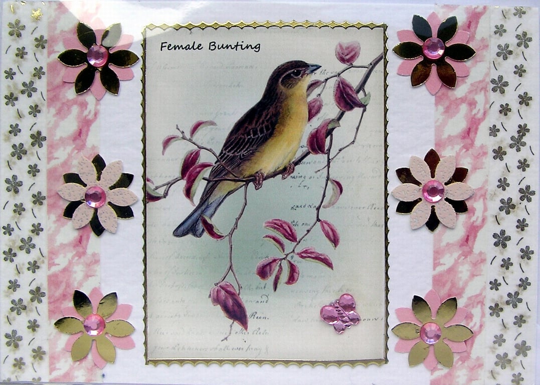Bunting Garden Bird - Hand Crafted Decoupage Greeting Card - Blank - 2894