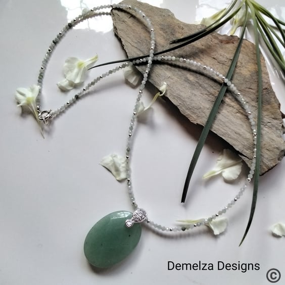 Designer Jadeite & Green Aventurine Pendant Necklace Sterling  Silver 