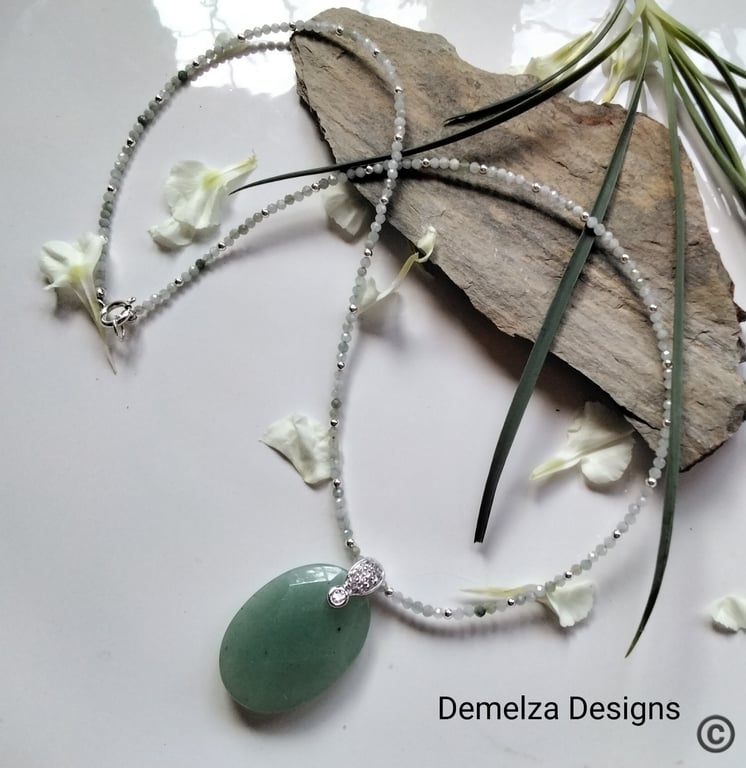Designer Jadeite & Green Aventurine Pendant Necklace Sterling  Silver 
