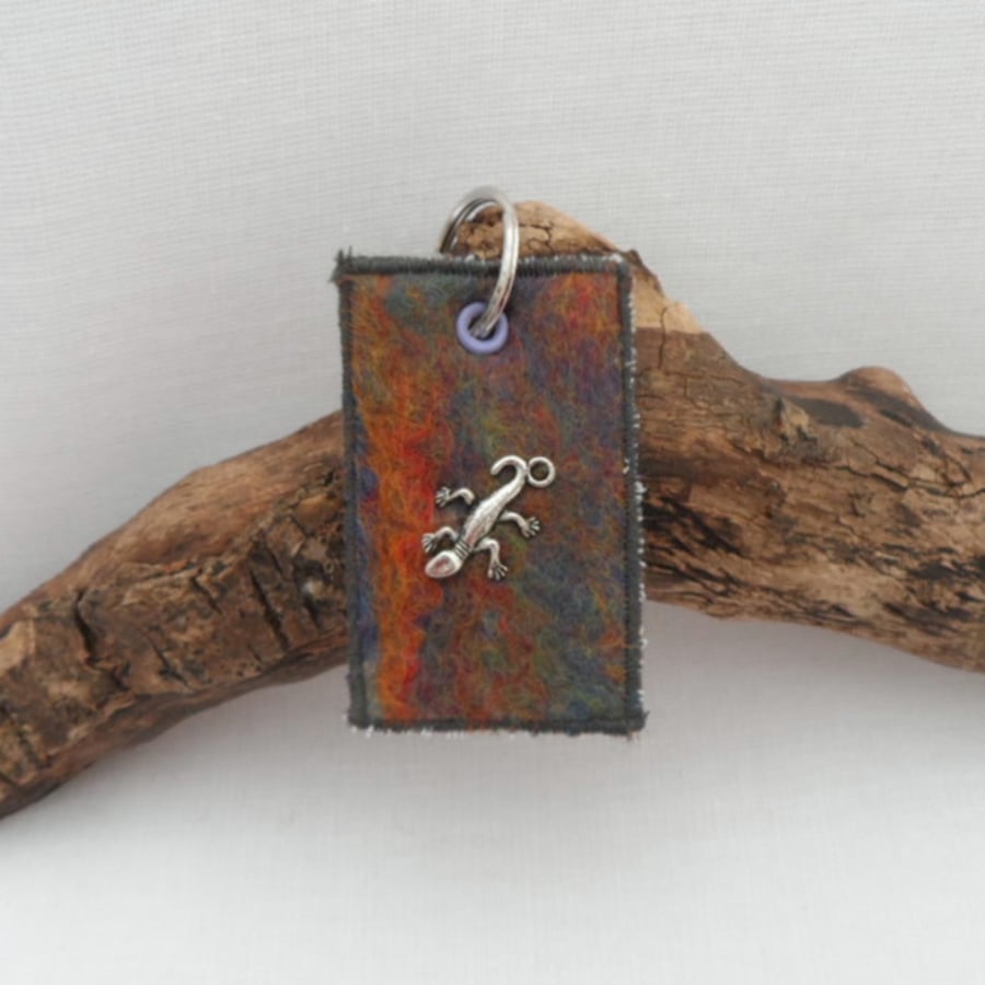 Felted key ring - rainbow with lizard
