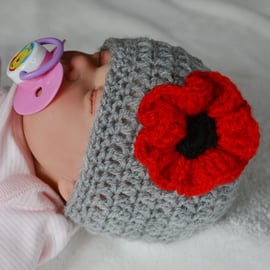 Newborn Baby Girl Grey Poppy Flower Hat,