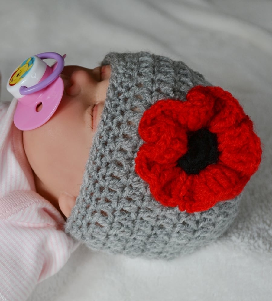 Newborn Baby Girl Grey Poppy Flower Hat,