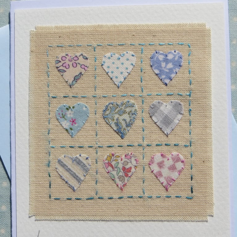 Mini hand-stitched card with applique hearts - entitled 'Lots of Love'