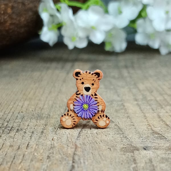 Aster Teddy Bear Brooch, Handmade September Birth Flower, Personalised Pin