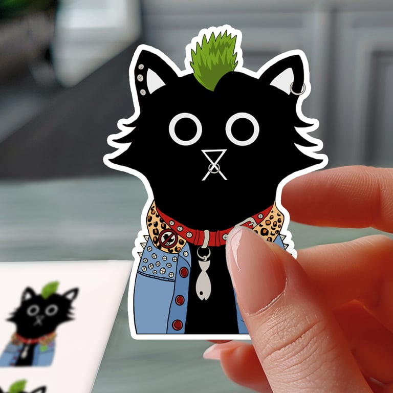 Punk Cat Sticker, Black Cat Waterproof Sticker, Vinyl Decal for Cat Lovers 
