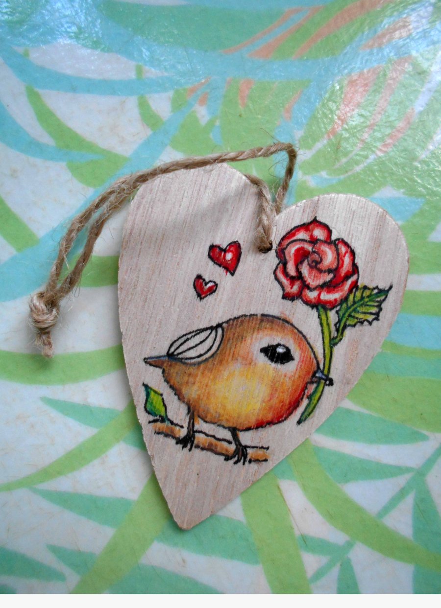 Robin and Rose Wooden Heart Hanging Decoration