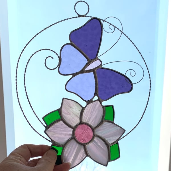 Stained Glass Butterfly and Flower Suncatcher - Window Decoration - Purple 