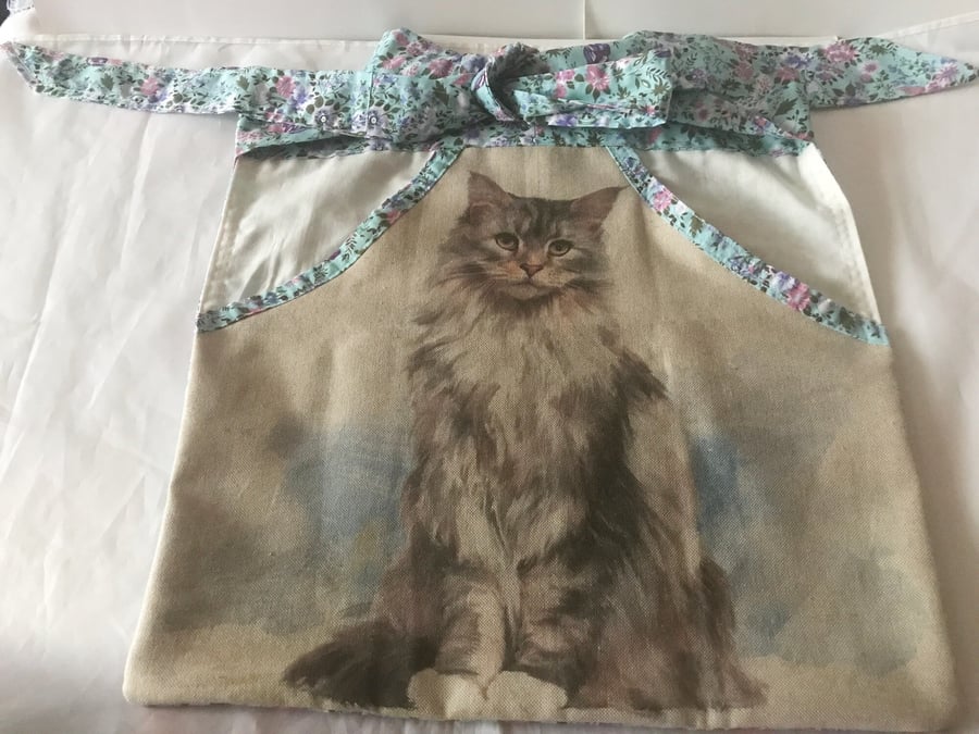 Women's Cat apron handmade from linen with a front pocket and tie waist