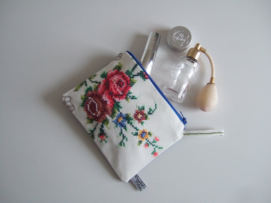 Embroidered pink and brown vintage roses make up bag or purse