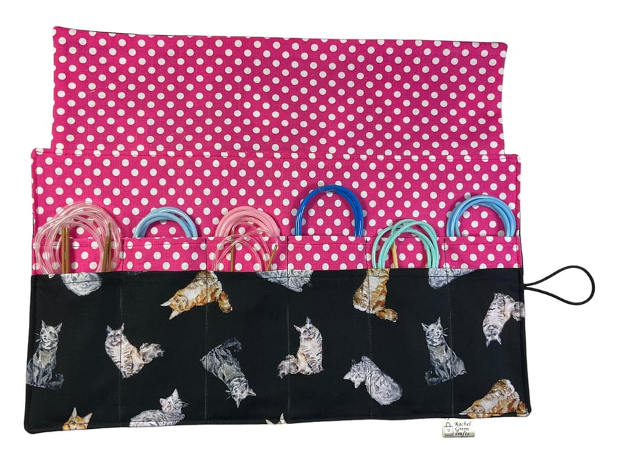 fixed Circular knitting needle case with cats, sock needles roll, needle wallet,