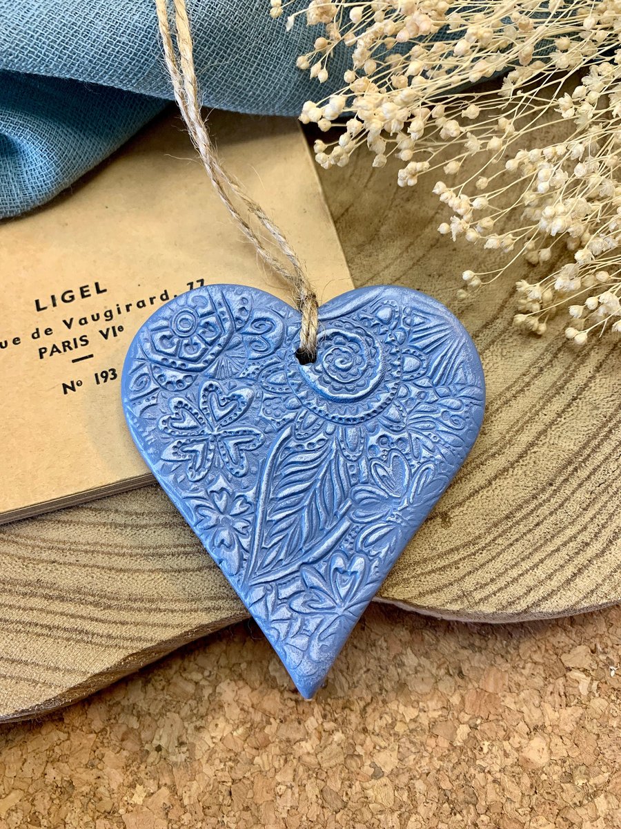 Blue & White Floral Clay Hanging Heart Decoration