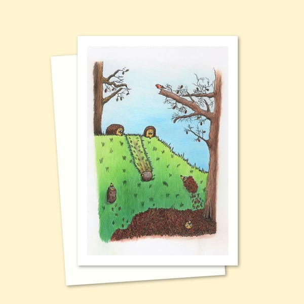 Playful Hedgehogs Greeting Card with a Cute Pencil Illustration (214)