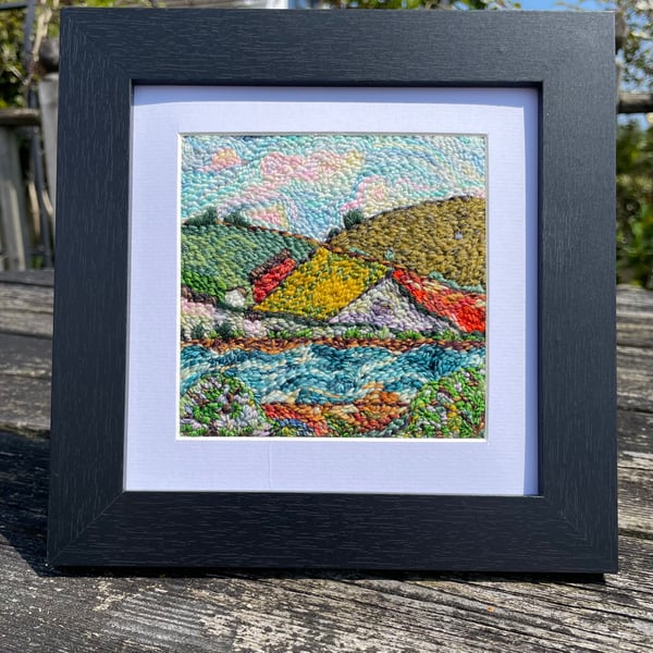 Textile Art - Hand embroidered picture - ‘The view from my window - mid tide’