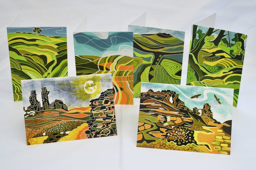 Landscape linocut design greetings cards, pack of six.