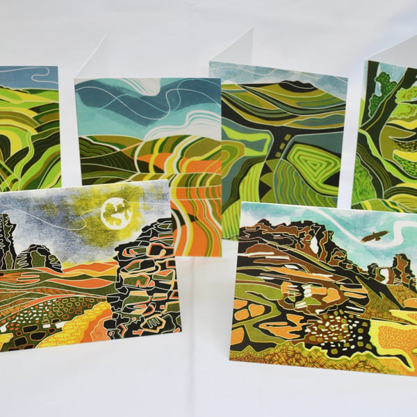 Landscape linocut design greetings cards, pack of six.