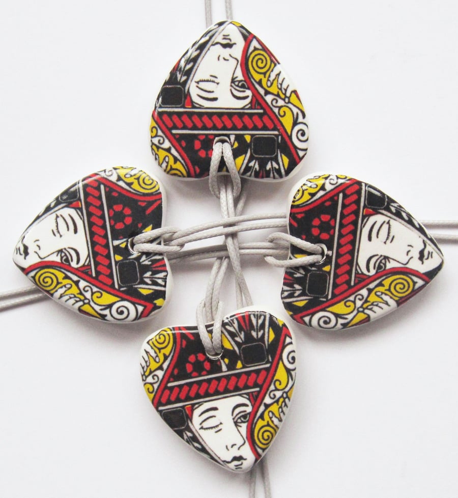 Queen Playing Card Heart Shaped Ceramic Pendant on Grey Cord with Lobster Clasp