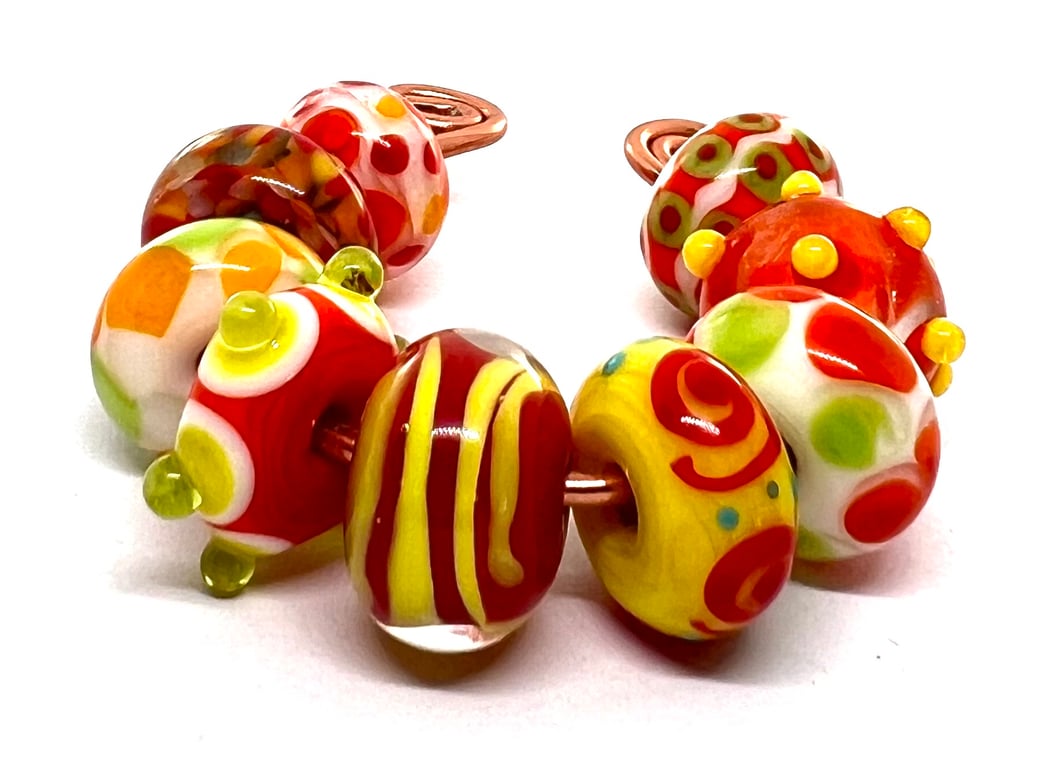Handmade Lampwork Glass Beads – Fiery Orange, Red & Lime Green Set of 9
