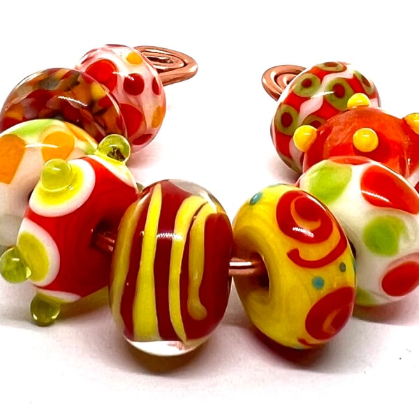 Handmade Lampwork Glass Beads – Fiery Orange, Red & Lime Green Set of 9