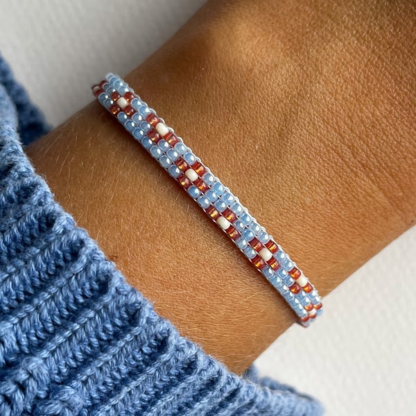 Soft Blue & Orange Floral Bracelet – Handwoven Stacking Jewellery