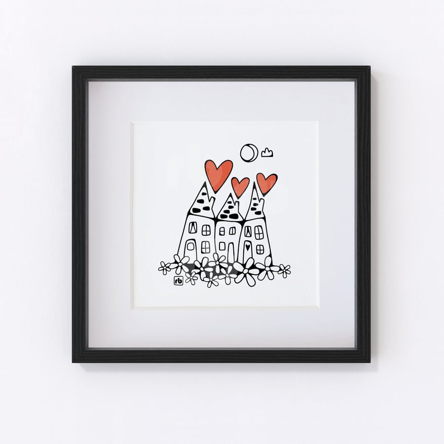 Three Houses, house illustration with hearts, Giclee print