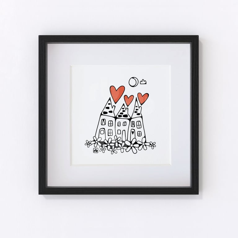 Three Houses, house illustration with hearts, Giclee print