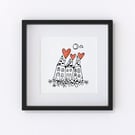 Three Houses, house illustration with hearts, Giclee print
